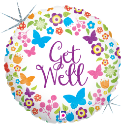 18-inch round holographic foil balloon with colorful butterflies and flowers, purple "Get Well" text in the center.