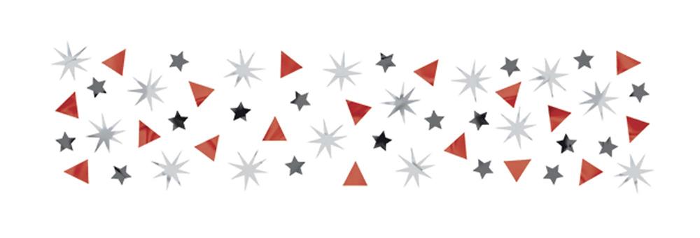 Mixed red, black, and silver ninja star and triangle-shaped confetti pieces scattered on white background.