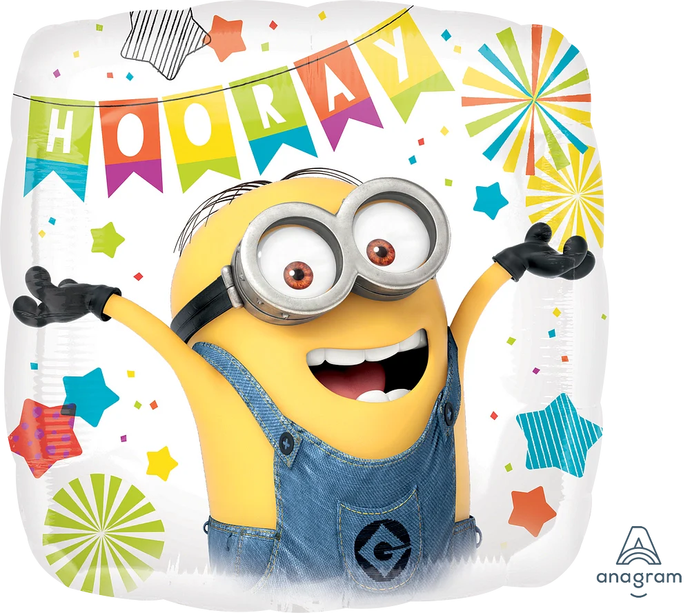Square foil balloon featuring a Minion in blue overalls with arms raised, colorful stars, and "HOORAY" banner.