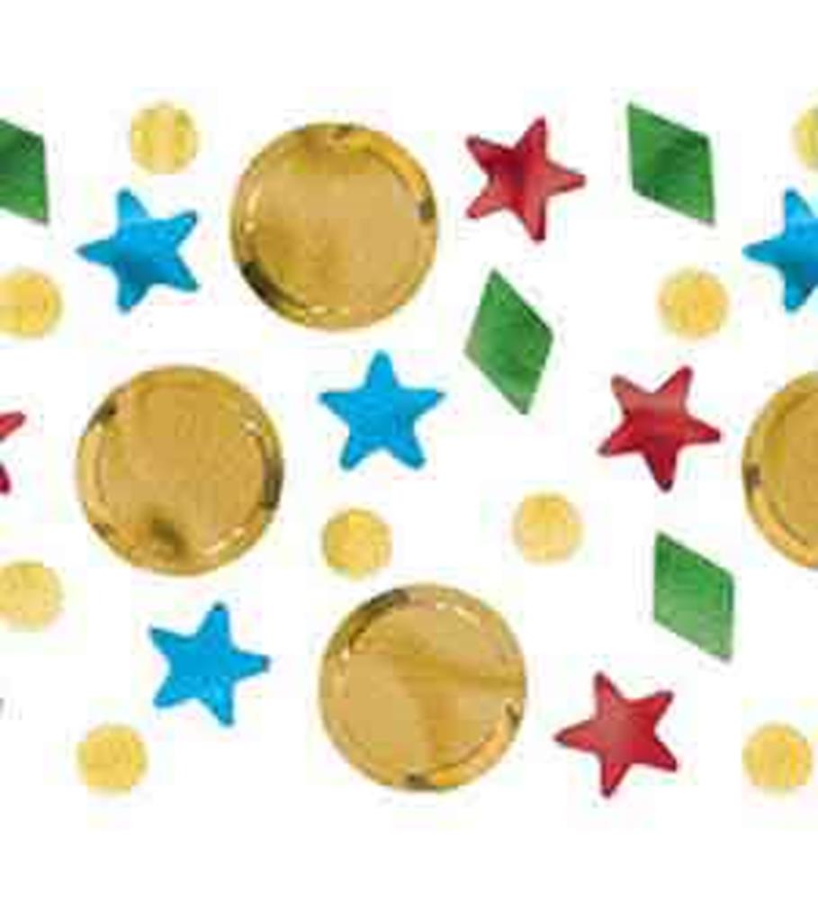 Colorful confetti with gold coins, red stars, blue stars, green diamonds, and small yellow dots scattered.