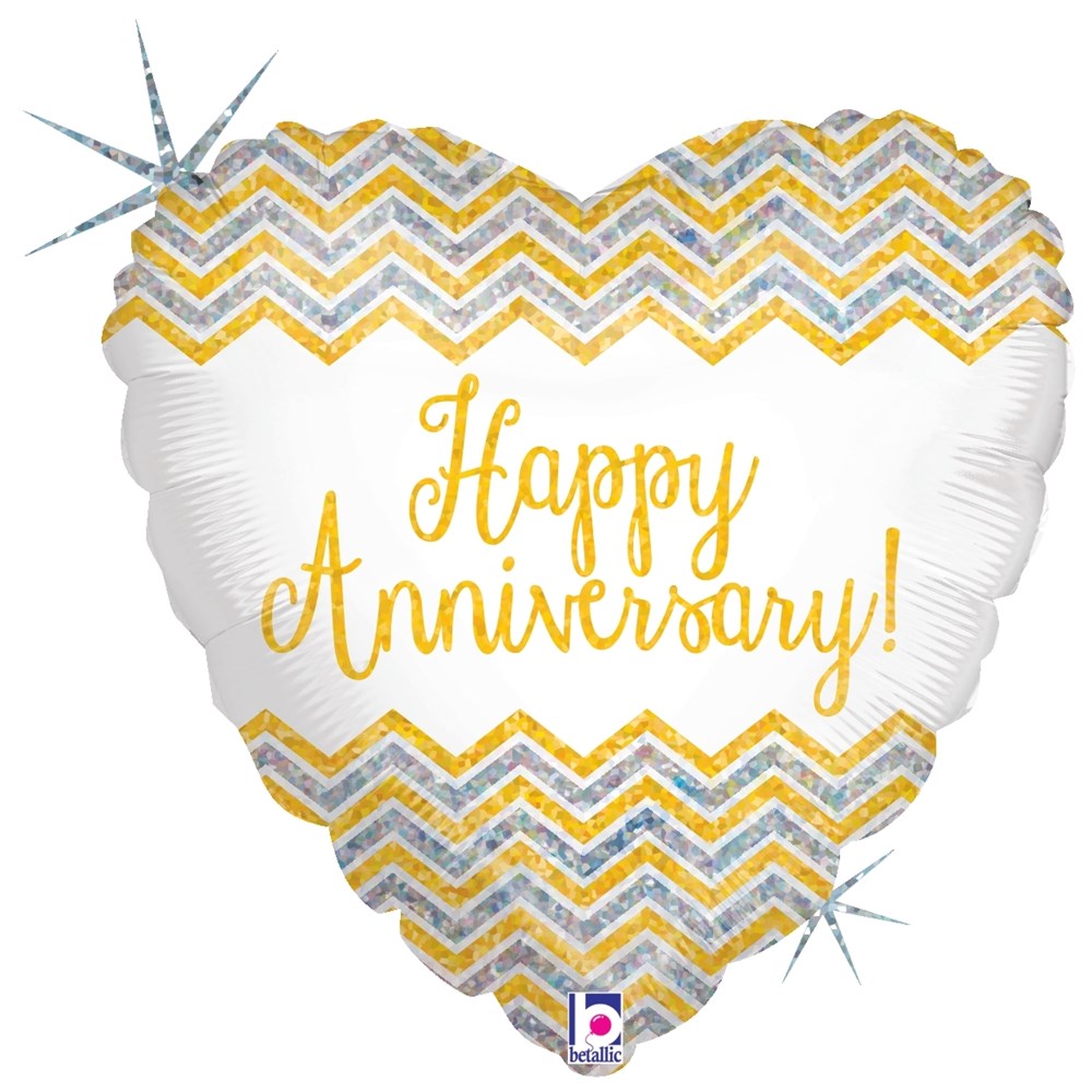 Heart-shaped holographic balloon with gold and silver chevron stripes and "Happy Anniversary!" text in gold script.