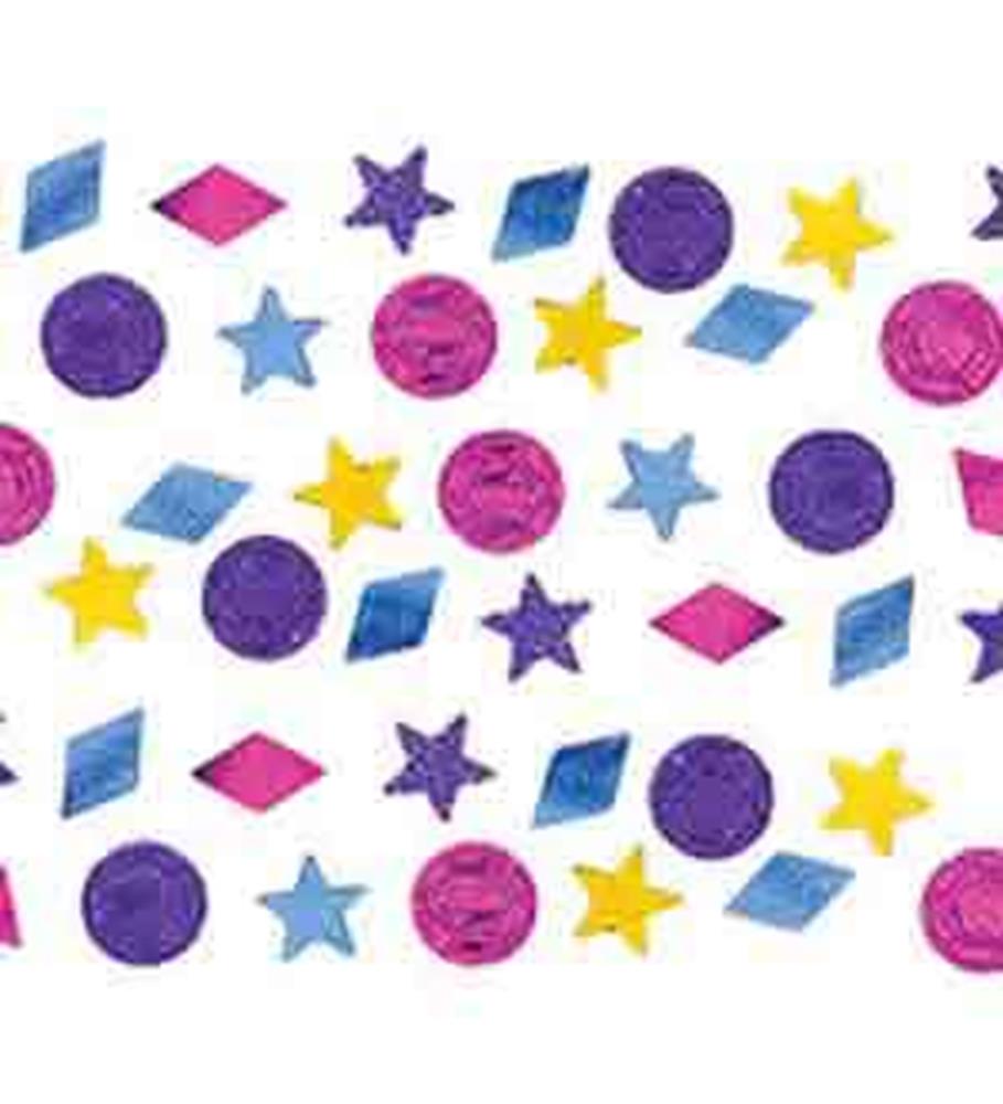 Multicolor confetti with glittery pink circles, purple diamonds and stars, yellow stars, and blue stars and diamonds.