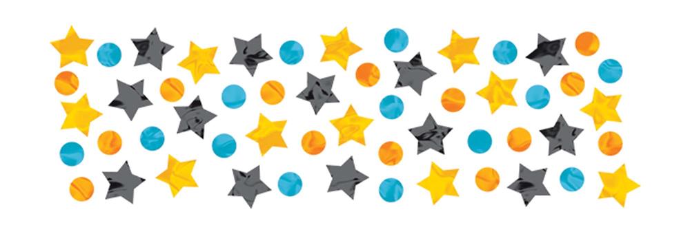 Colorful emoji and star-shaped confetti pieces in yellow, blue, black, and orange scattered on a white background.