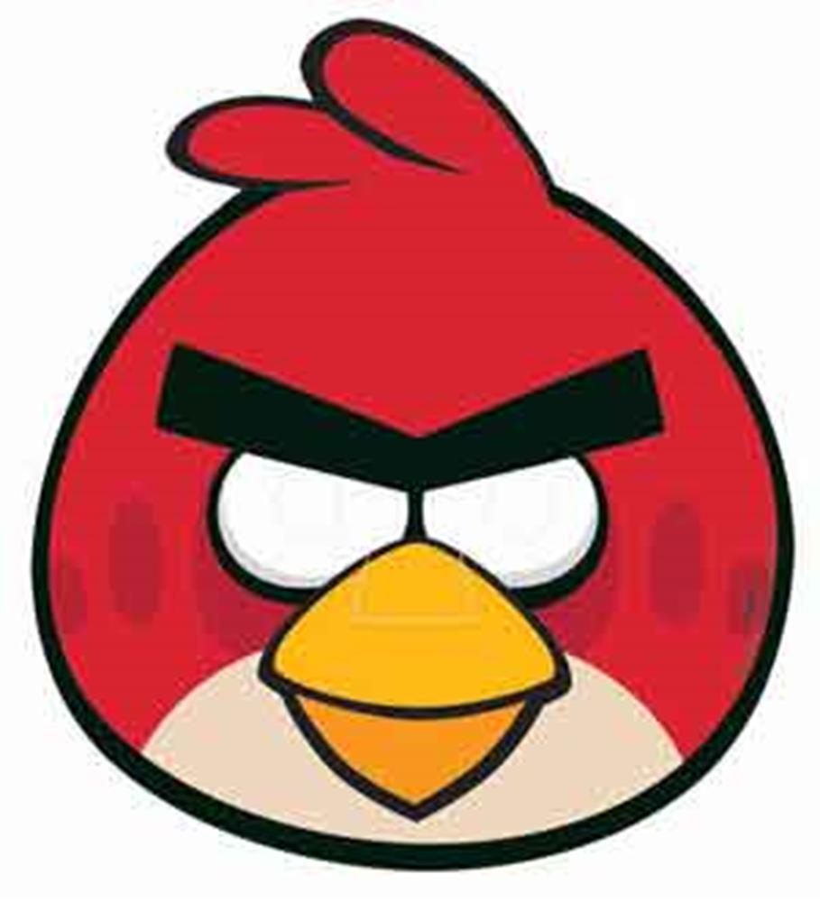 Red Angry Birds paper mask with black eyebrows, white eyes, and yellow beak.