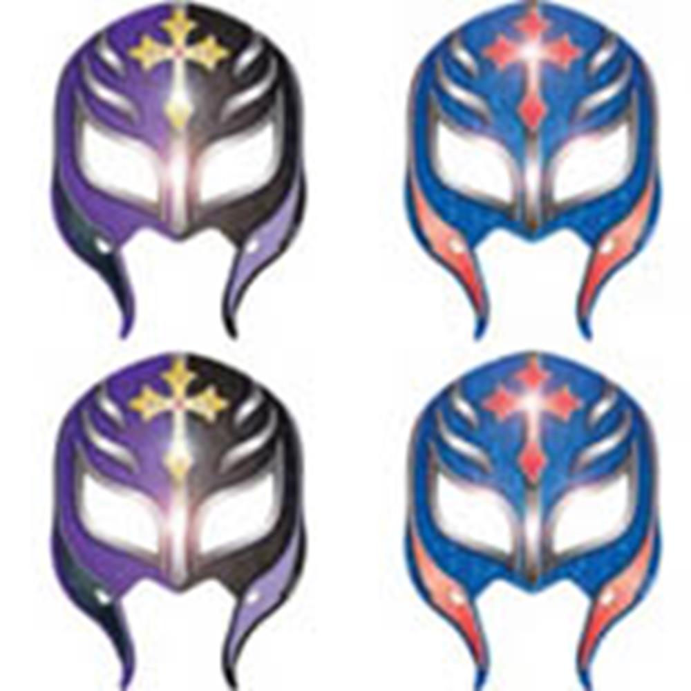 Four colorful wrestling masks in purple and blue, featuring star designs and cutouts for eyes, nose, and mouth, made of.