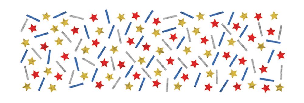 Red, blue, and gold star-shaped and stick confetti scattered on a white background.