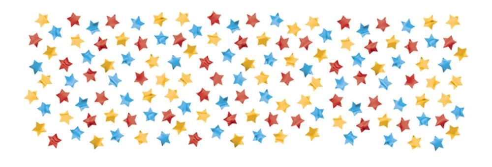 Colorful star-shaped confetti in red, blue, yellow, and orange scattered on a white background.