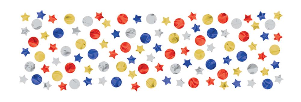 Multicolor confetti featuring red Mickey Mouse heads, blue and gold stars, and red, white, and gold circular shapes.