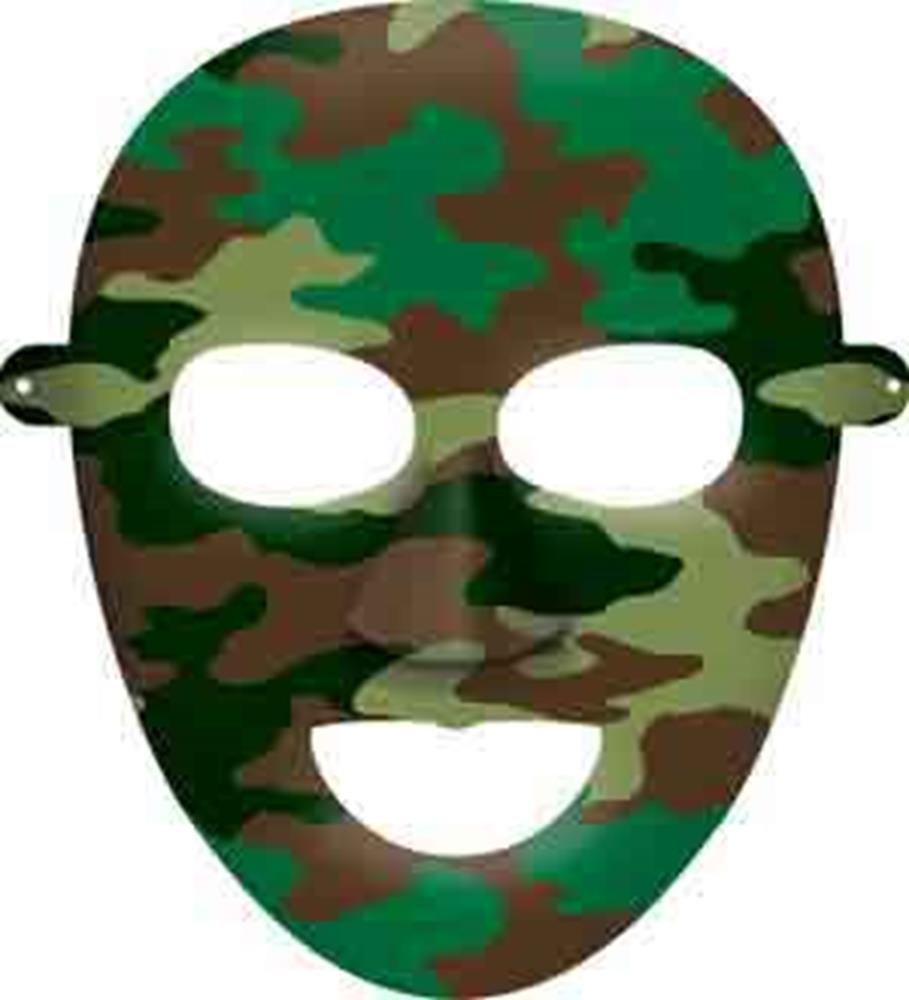 Green and brown camouflage face mask with eye and mouth cutouts, lightweight material.