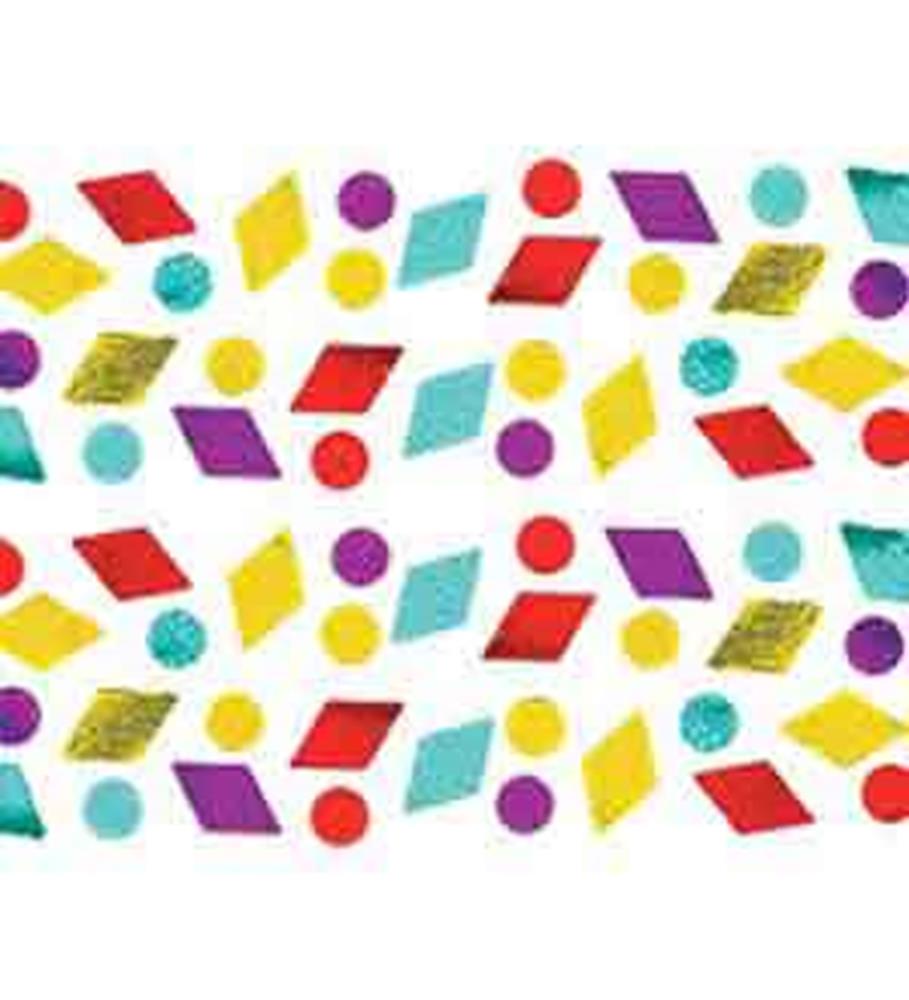 Colorful confetti pieces in red, yellow, purple, teal, gold glitter diamonds, and small purple circles scattered on white.