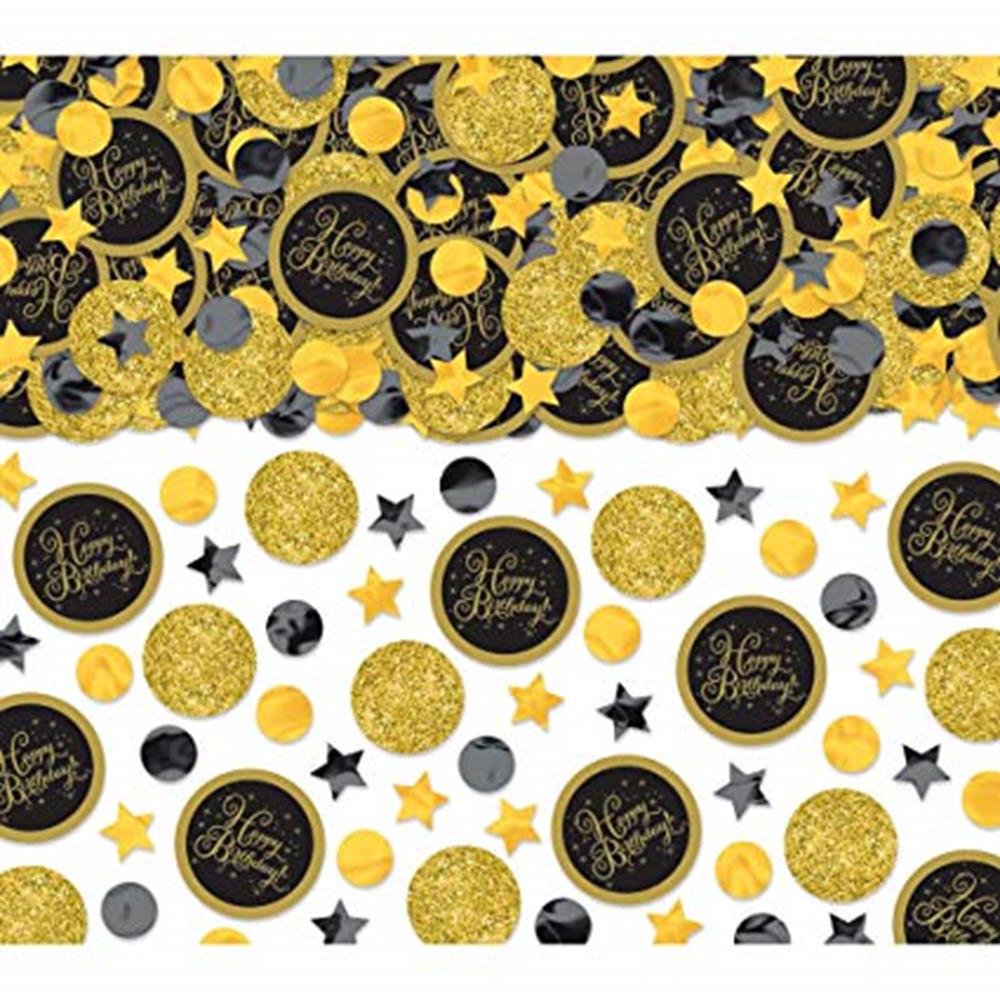 Assorted gold, black, and silver confetti with round glitter pieces, stars, and "Happy Birthday" circular cutouts.