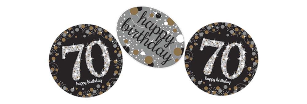 Black and white 70th birthday confetti with gold and silver star accents and "happy birthday" text.