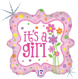 18-inch square holographic foil balloon with pink polka-dotted border, "it's a girl" text, and colorful flowers.