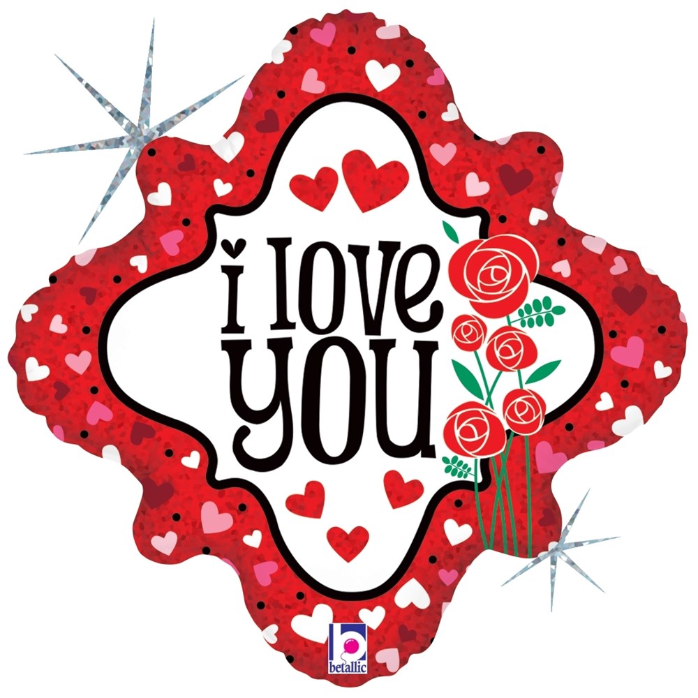 18-inch red diamond-shaped holographic balloon with "I Love You" text and roses design.