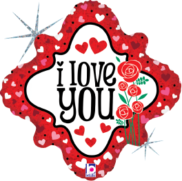 Red diamond-shaped foil balloon with white center displaying "I Love You" text, red hearts, roses, and sparkling holographic