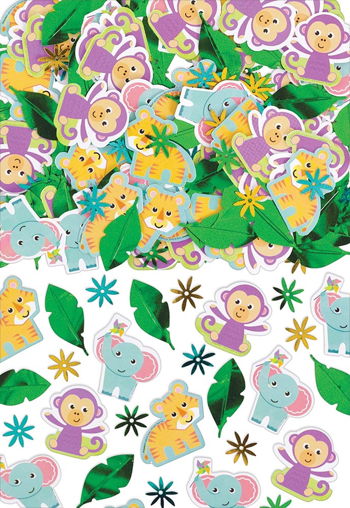 Colorful confetti featuring cartoon animals like elephants, monkeys, and tigers with green leaves and stars.