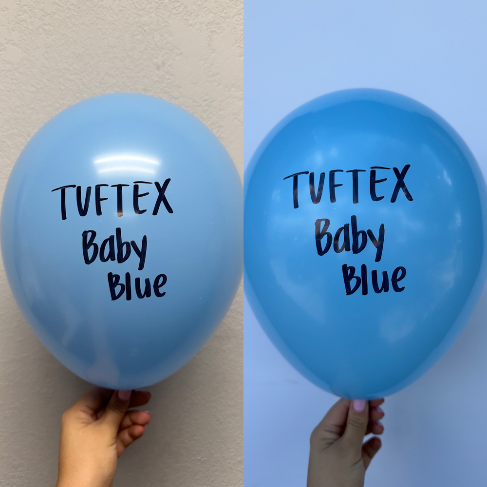 Glossy baby blue latex balloon, round 36-inch shape with Tuftex Baby Blue printed in black.
