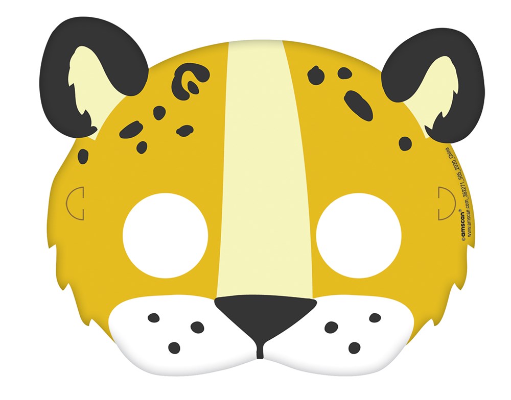 Yellow and black cheetah paper mask with white muzzle and cutout eye holes.