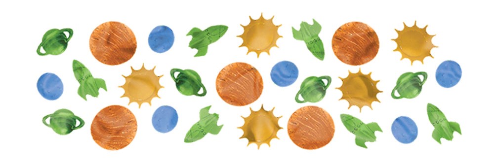Colorful confetti mix featuring green rockets, yellow suns, orange and brown planets, and blue Earths.