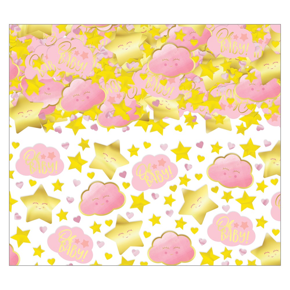 Pink and gold confetti with stars, clouds, and "Oh Baby" text for baby showers.