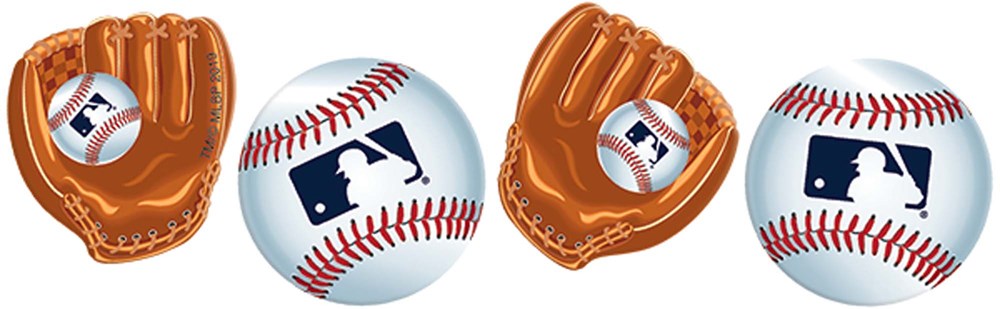 Two pairs of brown leather baseball gloves and white baseball confetti balls with blue MLB logo scattered on white.