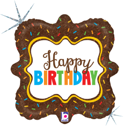18-inch square holographic balloon shaped like chocolate sprinkle cookie with colorful "Happy Birthday" text.