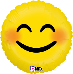 Bright yellow round foil balloon with smiling eyes and blushing cheeks, 18 inches wide.