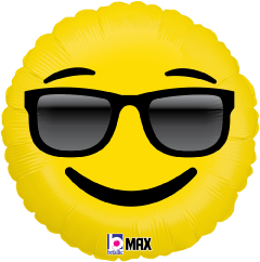 Yellow round foil balloon featuring a smiling emoji face wearing black sunglasses.