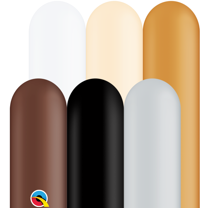 Six elongated latex balloons in white, cream, tan, brown, black, and light gray colors arranged upright.