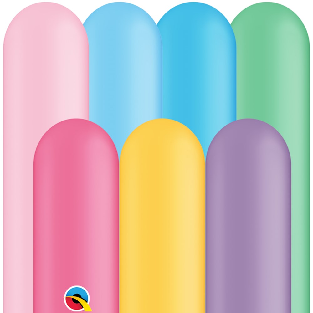 Assorted vibrant latex balloons in pink, blue, green, yellow, purple, and magenta colors, elongated shape.