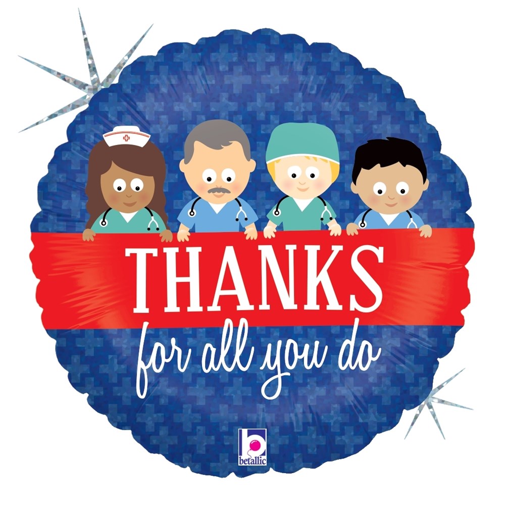 Round 18-inch holographic balloon with diverse healthcare workers and red ribbon reading "Thanks for all you do".