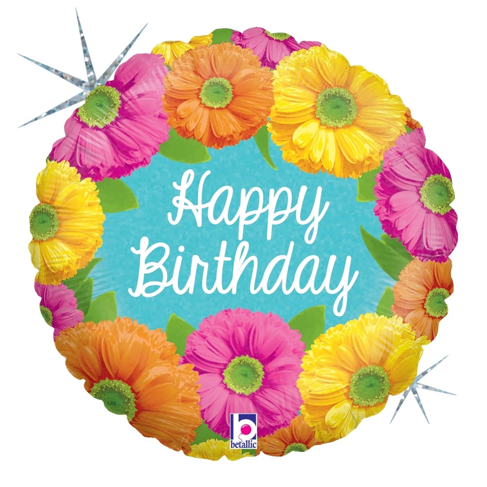 18-inch round holographic balloon with colorful orange, pink, and yellow flowers and white "Happy Birthday" text on a.