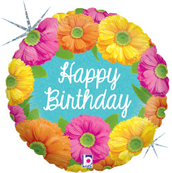 18-inch round holographic balloon with colorful pink, orange, and yellow flowers and white "Happy Birthday" text on a teal.