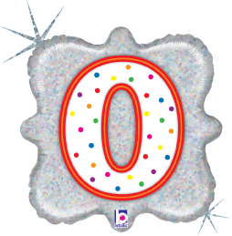 Square holographic balloon with white center featuring a colorful polka-dotted number zero.