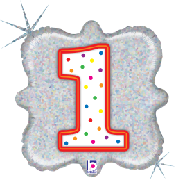 Square holographic foil balloon with large white number "1" outlined in red and decorated with colorful confetti dots.