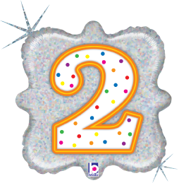 18-inch square holographic balloon with large white number 2 and multicolored confetti dots.