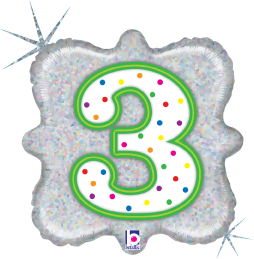 Square holographic balloon with large white number 3 outlined in green and multicolored confetti dots.