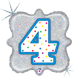 Square holographic balloon with a large white number 4 outlined in blue and decorated with colorful polka dots.