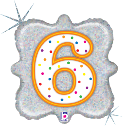 Square holographic balloon with white number 6 and colorful confetti dots.