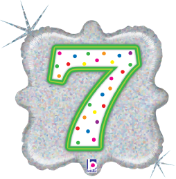 18-inch square holographic balloon with colorful polka-dot number 7 and green outline.