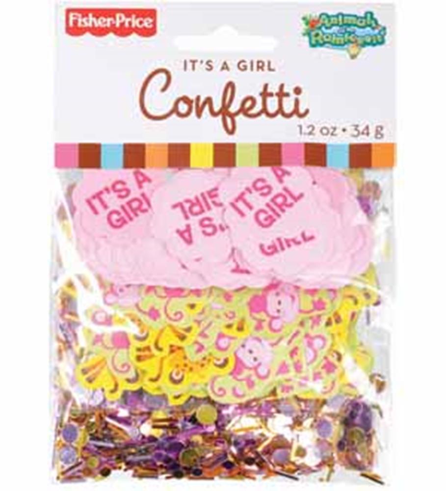 Fisher Price pink confetti with "It's a Girl" text and animal shapes in yellow and purple foil packaging.