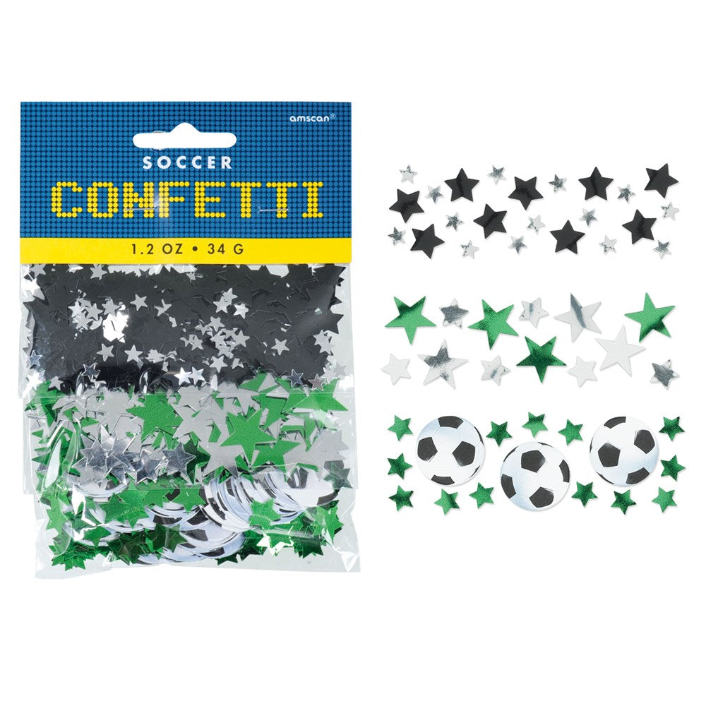 Green, black, and white star-shaped and soccer ball confetti pieces in a clear plastic bag with blue and yellow label.