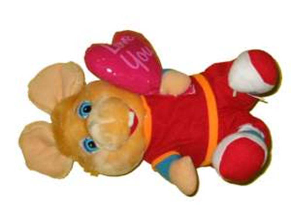 Plush mouse toy with large ears, blue eyes, red outfit, and pink heart-shaped balloon reading "Love You".