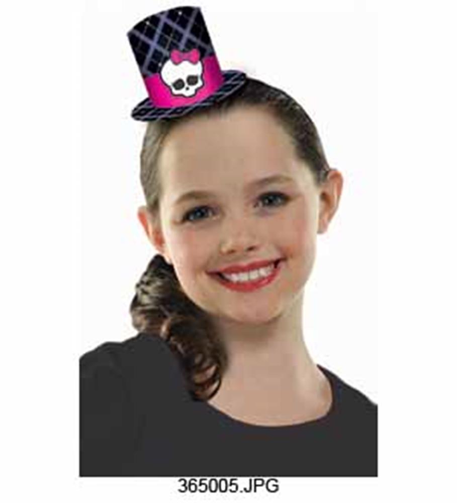 Black and purple mini top hat headband with pink skull and bow detail worn by girl.