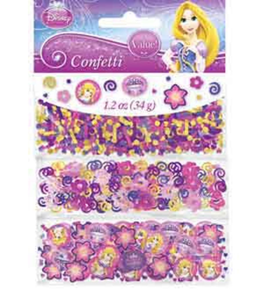 Disney Rapunzel confetti pack with purple, yellow, and pink floral and character-shaped pieces.