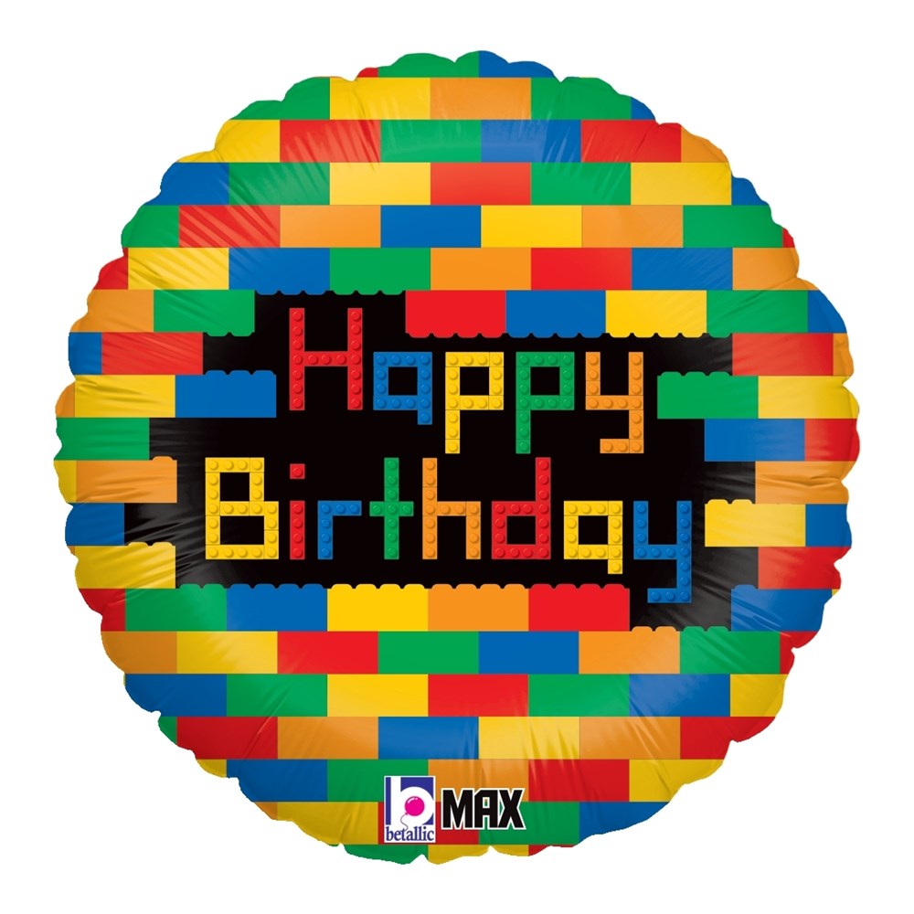 Round foil balloon designed with vibrant interlocking colorful brick patterns and "Happy Birthday" text in block-style.