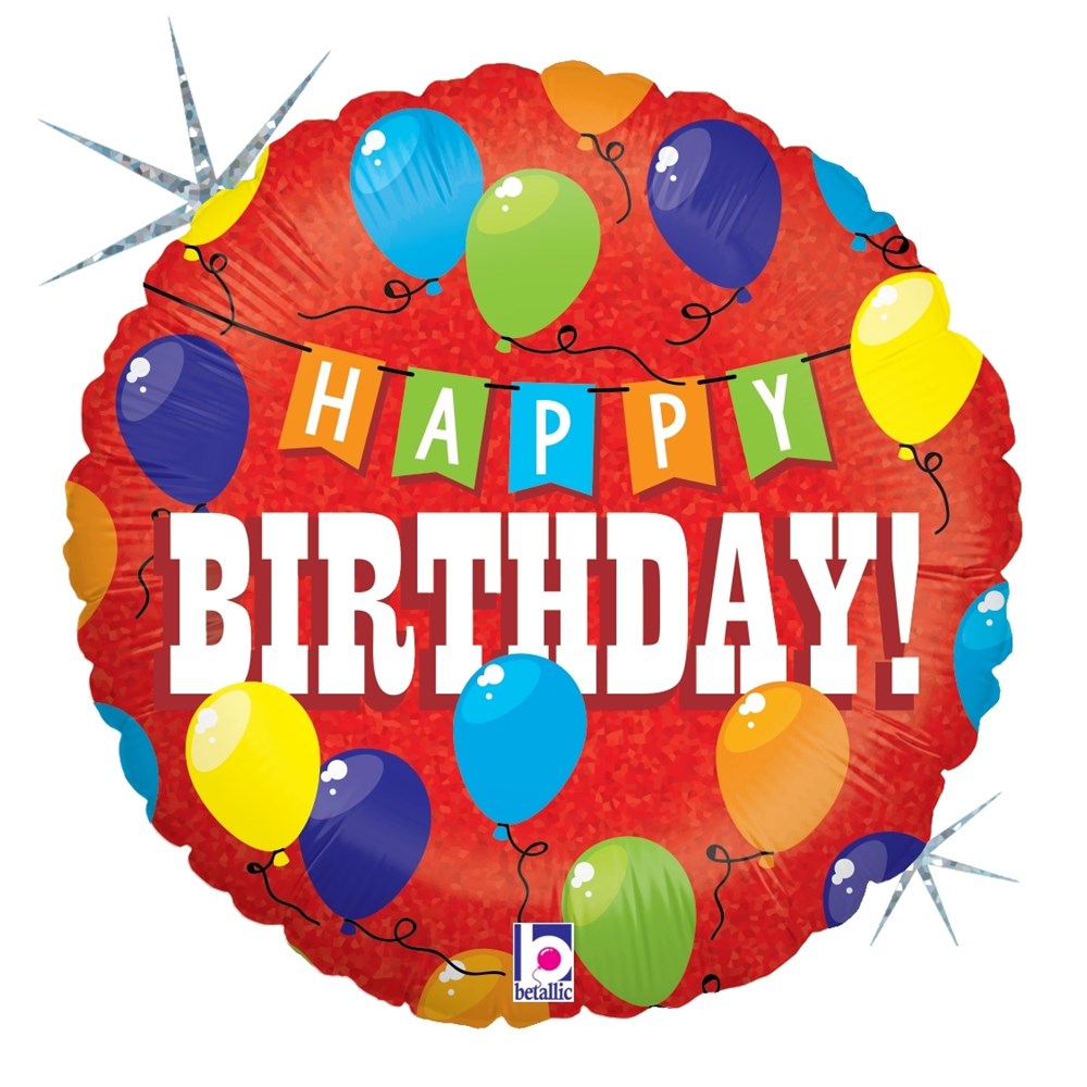 Red round holographic balloon with colorful balloons and "Happy Birthday!" text in white and multicolored letters.