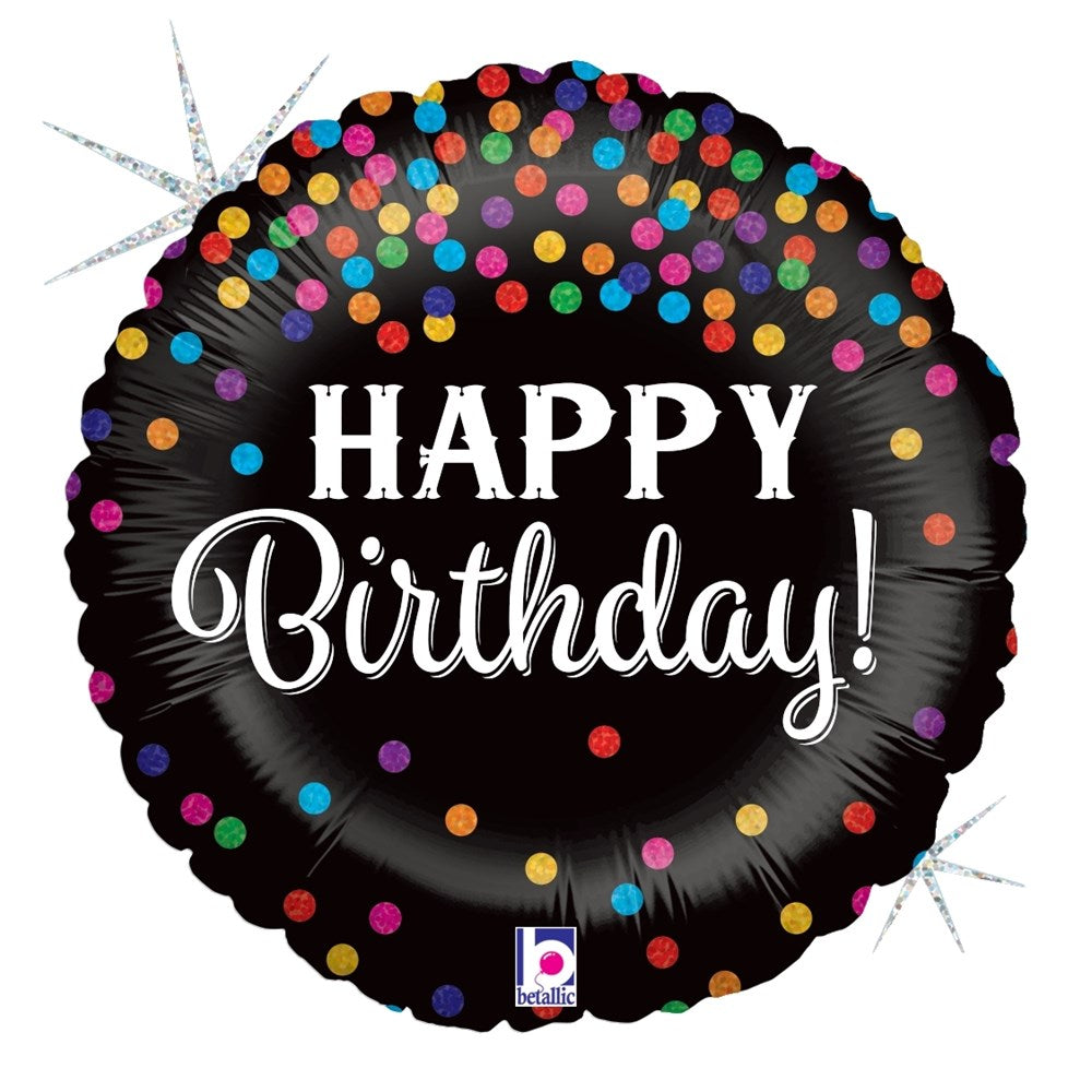 Black round foil balloon with colorful glittery confetti dots and white "Happy Birthday!" text in decorative font.
