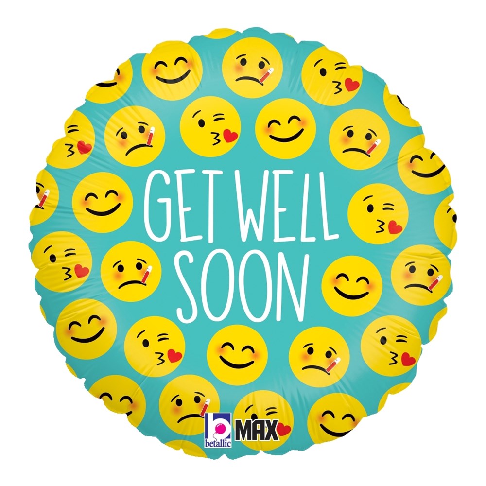Round blue foil balloon with multiple yellow emoji faces and white "Get Well Soon" text in center.