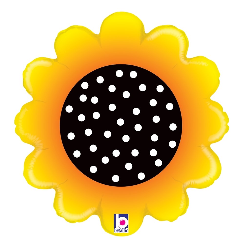 Yellow foil sunflower balloon with a black center featuring white polka dots, 18 inches wide.
